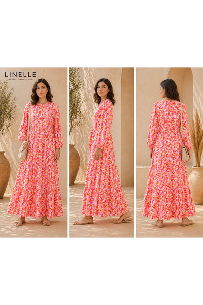 LINELLE Pink Floral Print Tiered Casual Dress