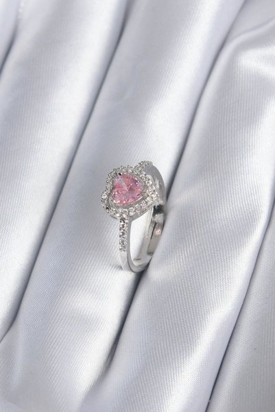 Skygo Brass silver color pink zircon stone heart charm model women's ring - t...