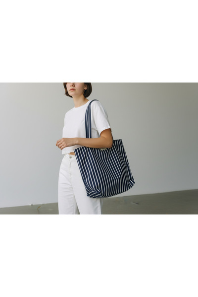 Mevi Atelier Navy Blue and White Striped Shoulder Bag