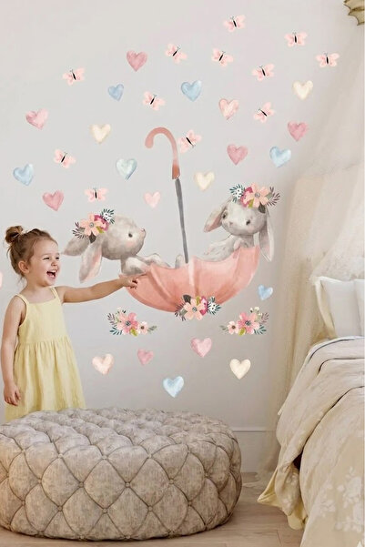 KT Decor مجموعة ملصقات حائط على شكل أرانب لطيفة مع مظلة وردية لغرفة البنات