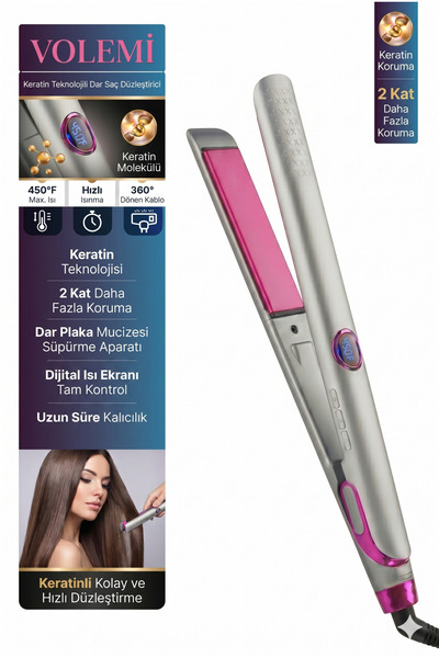 VOLEMİ Vm-004 Profesyonel Seramik Dar Plakalı Saç Düzleştirici Hızlı Isınma Dijital LED Ekran