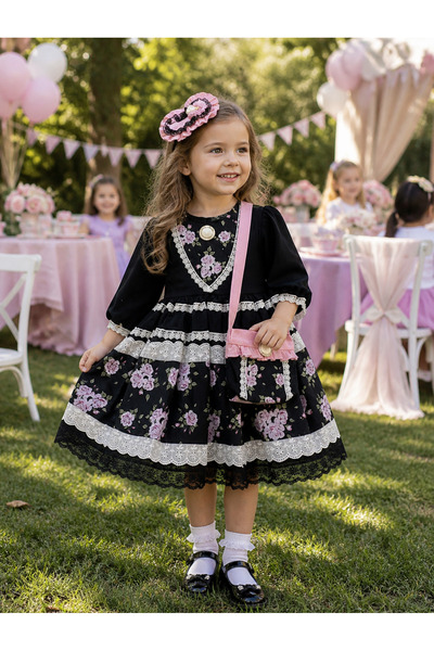 HÇ Hülya Çelik KİDSWEAR 2018 Rochie neagră florală de sărbătoare pentru fete