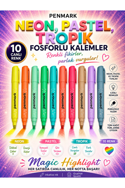 ANI OFİS KIRTASİYE A K 10'lu Karışık Fosforlu Kalem Seti Neon Pastel Tropik R...