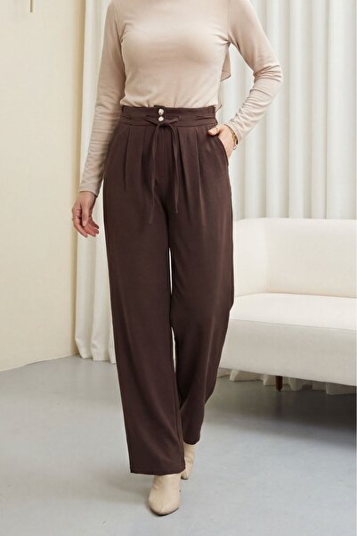 Modamorfo Beli Lace-Up Double Button High Waist Tencel Trousers - Coffee