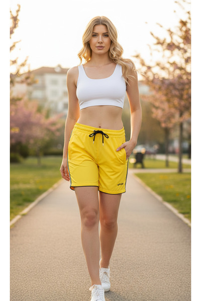 FORE SPORT Kadın Sarı Şeritli Parlak Şort Fileto Cep Detaylı Spor Şort Fitted...