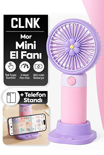 CLNK Mor Çiçek Tasarım 3 Kademeli Sessiz Mini El Masa Fan Vantilatör Turbo Üf...