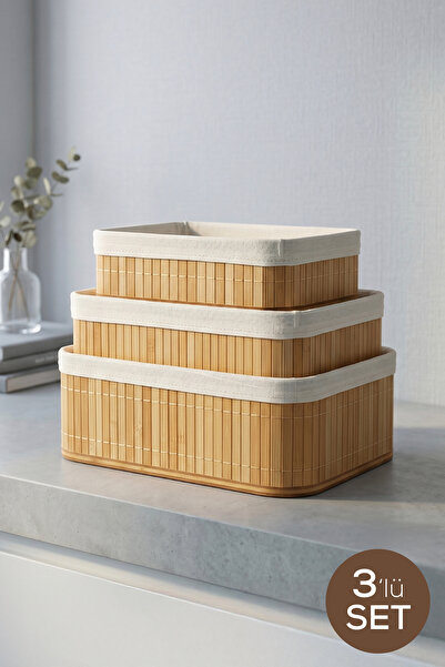 Vienev 3'lü Set Dikdörtgen Bambu Organizer Sepet | Banyo Mutfak Dolap İçi