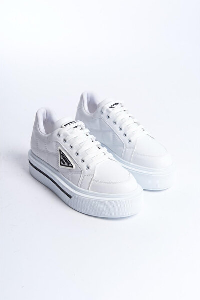 Zerenyus Bağcıklı Ortopedik Taban Desenli Kadın Sneaker Ayakkabı Beyaz