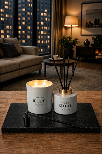 Ritüel Lüks Hediye Seti - Soya Mum, 150ml Oda Kokusu, Doğal Taş Altlık & Mum Söndürücü