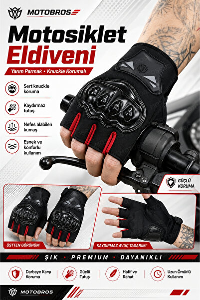 Motobros JK-YX2 KIRMIZI Parmaksız Motosiklet Eldiveni Yazlık Yarım Motorcu El...
