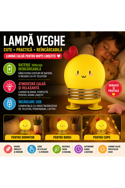 SMARTECH Lampa de veghe cu Baterie 300mAh, Autonomie 5H, pentru copii sau beb...