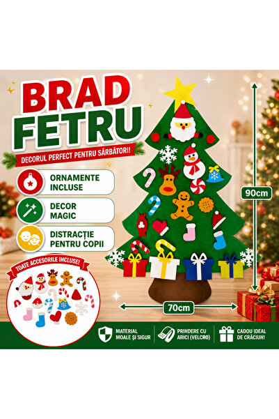 SMARTECH Brad de Crăciun din fetru cu 26 de decorațiuni, 95 x 70 cm, multicolor