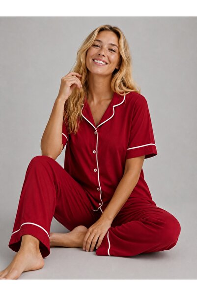 rindahomewear Women's Cotton Knitted Fabric Red Short Sleeve Buttoned Arabian...