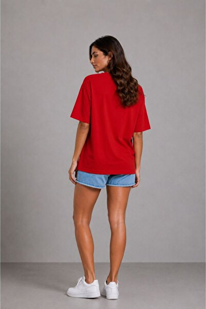 Lizbon Style Kadın Oversize %100 Pamuk Basic Rahat Kalıp T-Shirt - Kırmızı