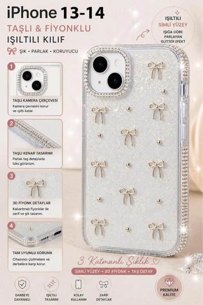 3GEN CASE iPhone 13 / 14 / 15 Uyumlu Premium Glitter Simli Taş Detaylı Fiyonk...