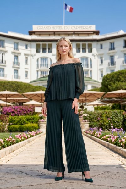 Romina Carmina Off-The-Shoulder Pleated Long Sleeve Chiffon Palazzo Leg Eveni...