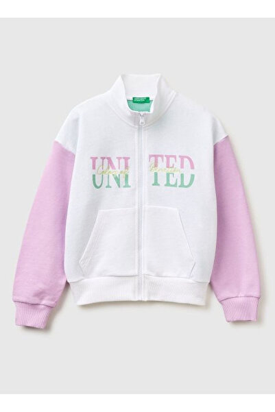 United Colors of Benetton Pembe - Beyaz Kız Çocuk Simli Sweatshirt 3J68C505U