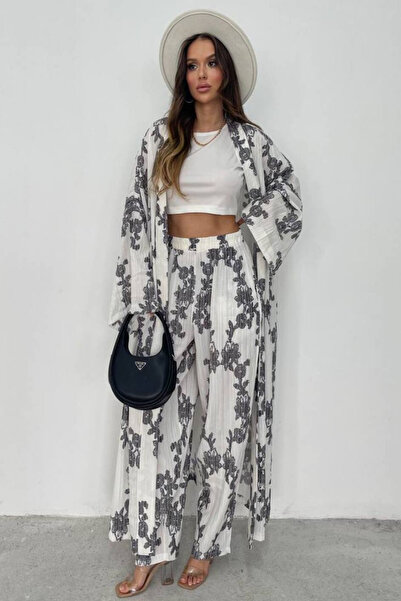 Nana & Mayka Moda Kadın Gri Desenli Gofre Kimono Pantolon Takım Yazlık Bohem ...