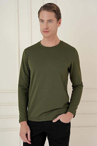 Efor Slim Fit Esnek Pamuklu Dokulu Uzun Kollu Haki Tişört TS 889