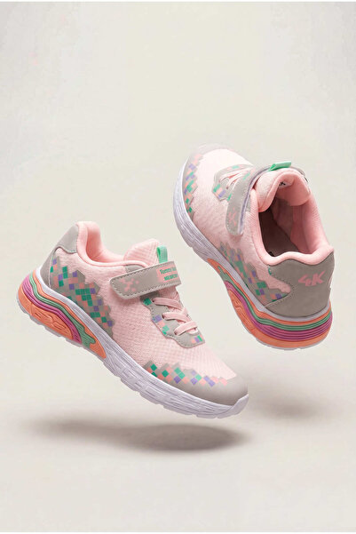 Çocuk Unisex Pudra Rahat Kalıp Nefes Alabilen Cırtlı Işıklı Sneaker