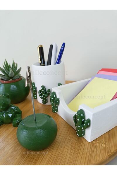 MİLE CONCEPT 3D Cactus Patterned Desktop Organizer Modern Decorative Concrete Office Set