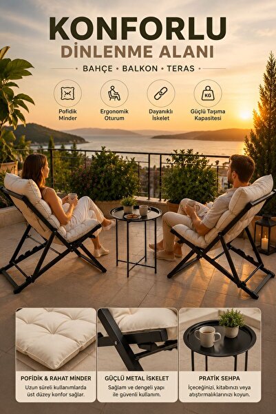HASTUNÇ Premium Konfor Minderli Katlanır Şezlong Seti - İkili Bahçe Balkon Teras Plaj Şezlongu + Sehpa