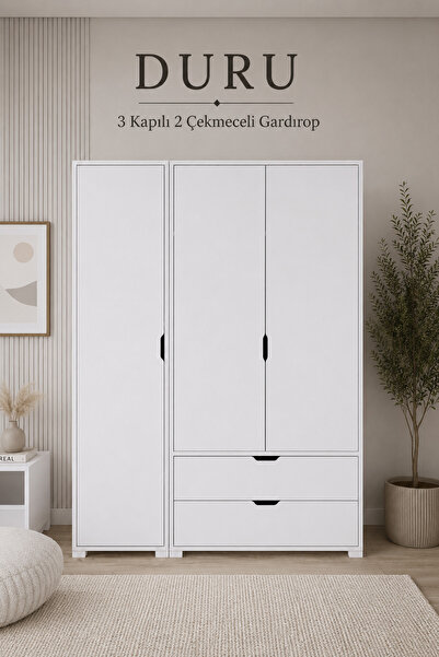 midoser Duru Mat Beyaz 3 Kapılı 2 Çekmeceli Elbise Dolabı - Gardırop Seti