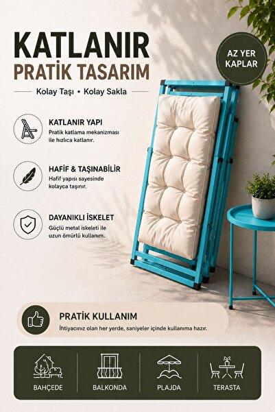 HASTUNÇ Premium Konfor Minderli Katlanır Şezlong Seti - İkili Bahçe Balkon Teras Plaj Şezlongu + Sehpa