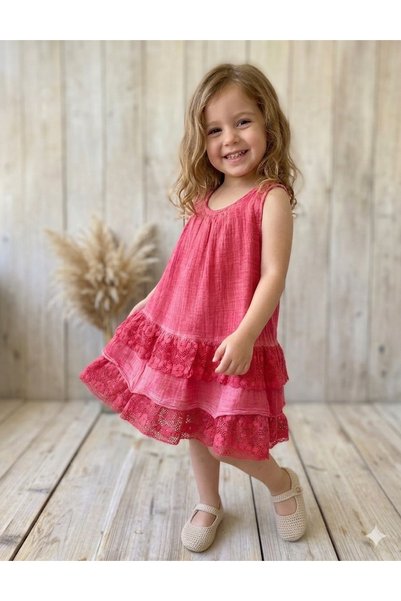 bohemiankids Girl's Lace Detailed Red Ruffle Dress