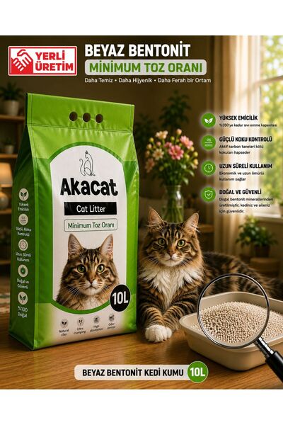 AKACAT 10 Lt Beyaz Bentonit Doğal %100 Topaklaşan Kedi Kumu
