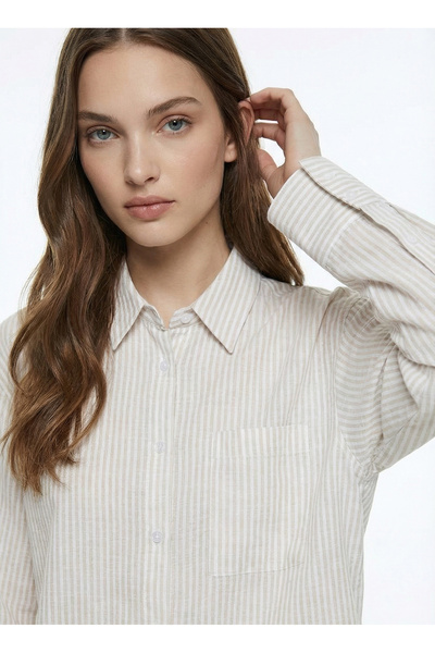 Fabrika Beyaz - Bej Kadın Relaxed Fit Çizgili Gömlek F6SL-GML0339