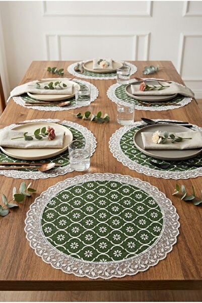 Rona Home Set de farfurii rotunde din dantelă verde de lux – Set de 6 piese r...