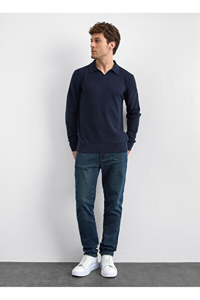 Back And Bond Navy Blue Regular Fit Polo Neck Knit Sweater