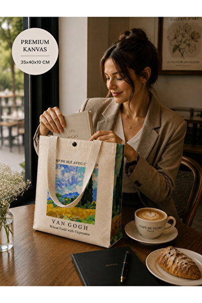 Luvili Van Gogh Baskılı Premium Kanvas Bez Çanta | Çıtçıtlı Tote Bag 35x40x10 cm