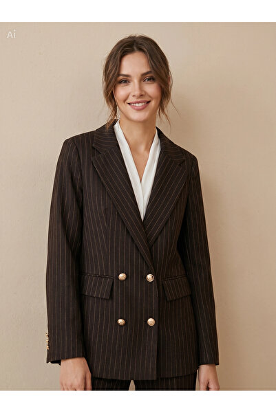 nisya KADIN KAHVERENGİ ÇİZGİLİ DÜĞME DETAYLI BLAZER CEKET