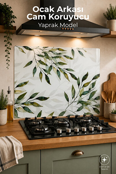Nandy Home Ocak Arkası Cam Koruyucu Yaprak Model – 60x52 cm Temperli Cam Koru...