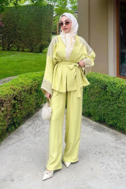 MELEK ARAZ Set dublu kimono premium cu detalii din paiete – Verde măsliniu