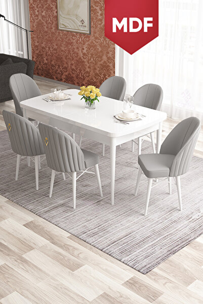 Canisa Concept Elf Serisi 80x132 MDF Açılabilir Beyaz Masa Takımı 6 Gri Sanda...