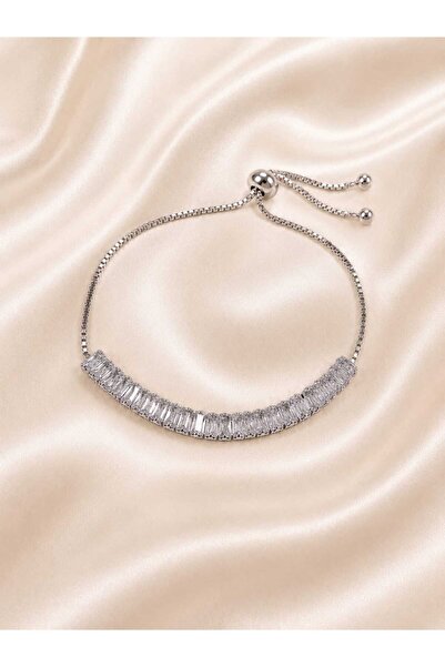 Jewelliss Rhodium Plated 6*3 mm Zircon Baguette Bracelet with Adjustable Chain