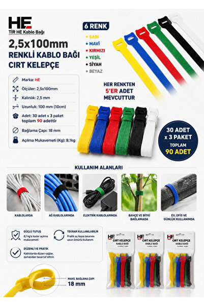 EMİN Renkli Kablo Bağı Cırt Kelepçe 2,5x100