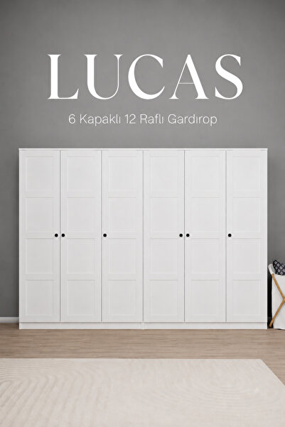 midoser Lucas 6 Kapaklı, 12 Raf Bölmeli, Askılıklı Geniş Elbise Dolabı, Gardı...