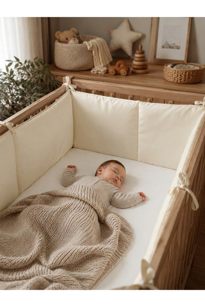 ngn collection Crib Side Protector Single Piece 70X130 cm 35 cm 100% Cotton 400 cm Protective Ecru Baby Side Protection