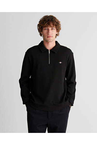 Gant Erkek Siyah Regular Fit Yarım Fermuarlı Logolu Sweatshirt