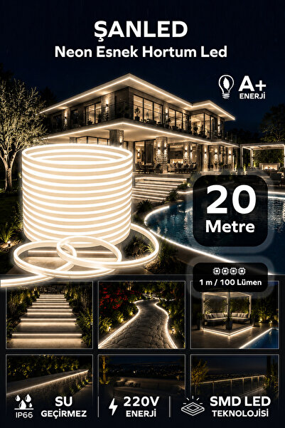 ŞANLED NEON Esnek Hortum Şerit Led GÜN IŞIĞI rengi + 220V Fiş/1,2,3,4,5,10,15...