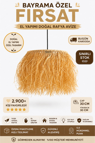 Home Bohem Handmade Doğal Rafya Hasır Avize