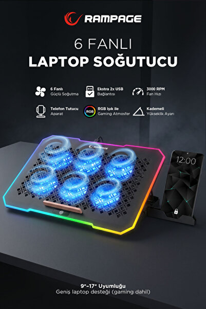 Rampage S48 Freez Rgb 6 Fan Telefon Tutuculu 15.6 Inç Notebook Laptop Soğutuc...