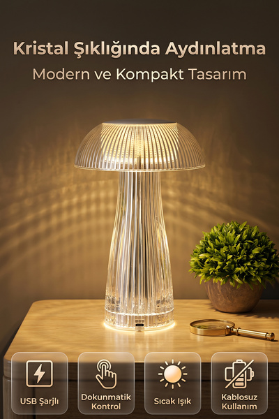 ALFAGİFT Dokunmatik LED Kristal Masa Lambası Şarjlı Dimmerli 3 Renk Gece Lamb...