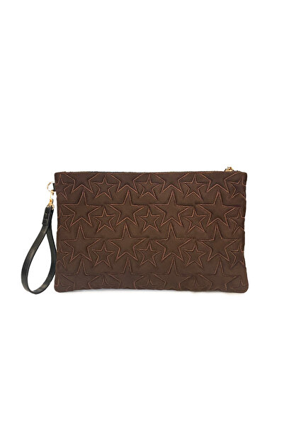 Ecrou Star Patterned Brown Suede Portfolio & Clutch Bag with Removable Wrist ...