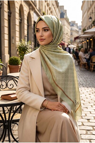 Vissona %100 İpek Degradeli Ve Monogram Desenli Fıstık Yeşili - Gold Renkli 9...