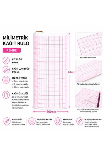 AHDTOPTAN Milimetrik Kağıt Rulo 60 Cm x 5 Metre 80 gr 1. Hamur Teknik Çizim K...